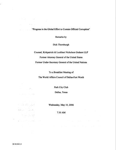 "Progress in Global Effort to Contain Official Corruption" World Affairs Council of Dallas-Fort Worth, Dallas, Texas