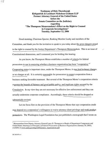 Testimony: "Thompson Memorandum's Effect on the Right to Counsel in Corporate Investigations" Senate Committee on Judiciary