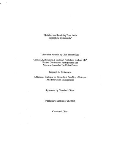 "Building and Retaining Trust in the Biomedical Community" National Dialogue on Biomedical Conflicts of Interest and Innovation Management, Cleveland Clinic