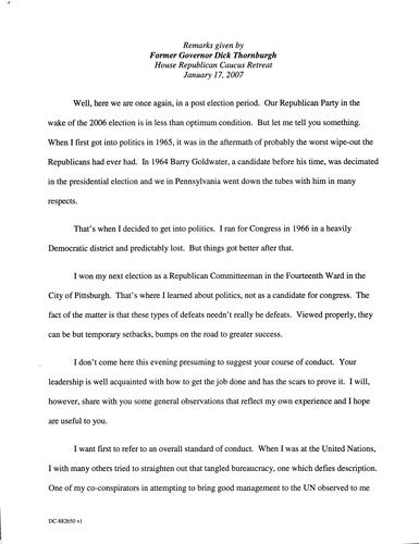 Remarks: Post 2006 election PA House Republican Caucus Retreat