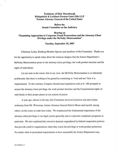 "Examining Approaches to Corporate Fraud Prosecutions & Attorney-Client Privilege under the (No Suggestions) Memo" US Senate Committee on Judiciary, Washington, D.C.