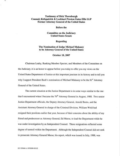 Testimony re: nomination of Judge Michael Mukasey as AG: US Senate Committee on Judiciary, Washington, D.C.