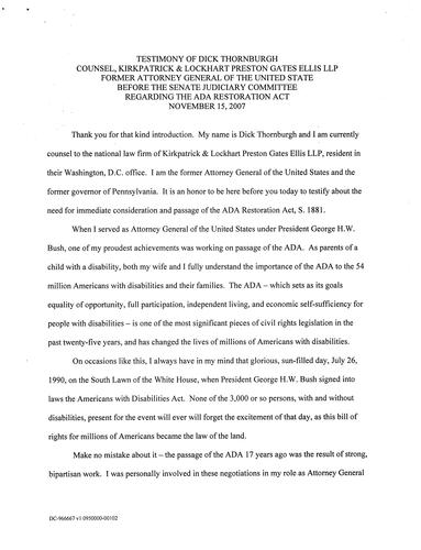 Testimony: ADA Restoration Act; US Senate Committee on Health, Education, Labor and Pensions