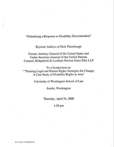 "Globalizing Response to Disability Discrimination" University of Washington School of Law, Symposium, Seattle, WA