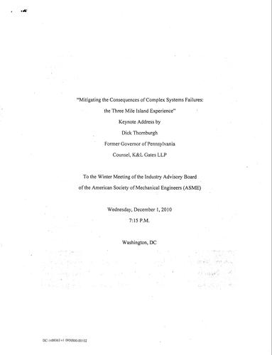 "Mitigating the Consequences of Complex System Failures" Industry Advisory Board of American Society of Mechanical Engineers (ASME), Washington, D.C.