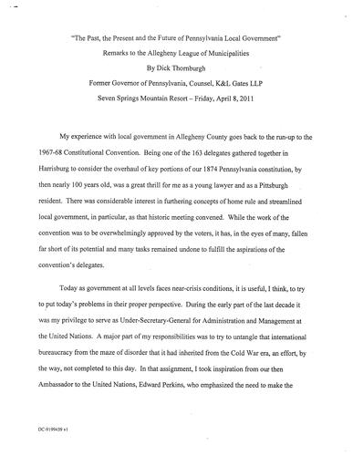 "The Past, the Present and the Future of Pennsylvania's Local Government" Allegheny County League of Municipalities, Seven Springs, PA