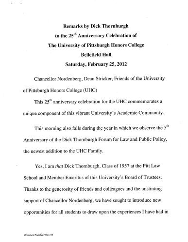 Remarks: University of Pgh Honors College 25th Anniversary Celebration ; Pittsburgh, PA