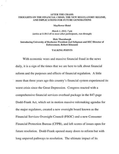 "After the Crash: Thoughts on Financial Crisis, The New Regulatory Regime, and Implications for Future Generations" Introduction of University of Rochester President Joel Seligman and SEC Director of Enforcement, Robert Khuzami, Washington, D.C.