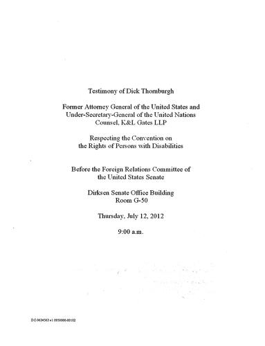 Testimony "Respecting the Convention on the Rights of Persons with Disabilities" US Senate Foreign Relations Committee, Washington, D.C.