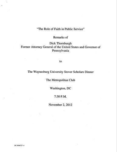 "The Role of Faith in Public Service" Waynesburg University Stover Scholars Dinner, Washington, DC