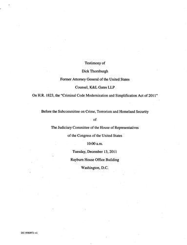 Testimony on H. R. 1823, "Criminal Code Modernization Act of 2011," before the subcommittee on crime, terrorism, and homeland security, House of Representatives