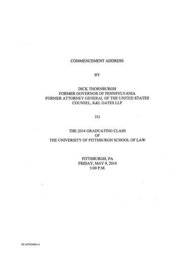 Commencement Address to 2014 Graduating Class, University of Pittsburgh School of Law