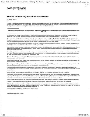 "Yes to county row office consolidation", Pittsburgh Post-Gazette