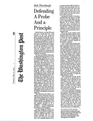"Defending a Probe and a Principle", Washington Post