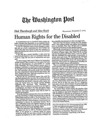 "Human Rights for the Disabled," Washington Post, by Thornburgh and Alan Reich
