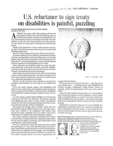 "U.S. reluctance to sign treaty on disabilities is painful, puzzling," Seattle Times, by Thornburgh and Paul Steven Miller
