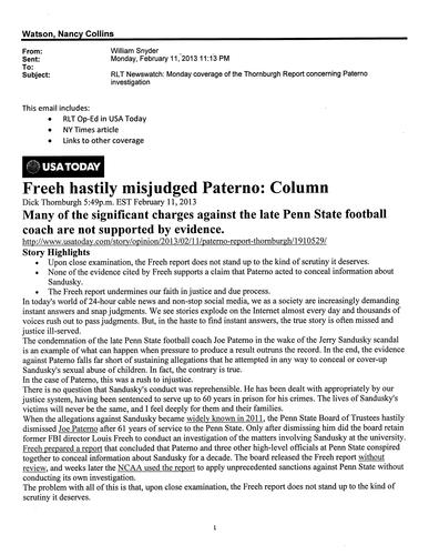 "Freeh hastily misjudged Paterno," USA Today