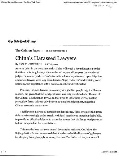 "China's Harassed Lawyers," New York Times