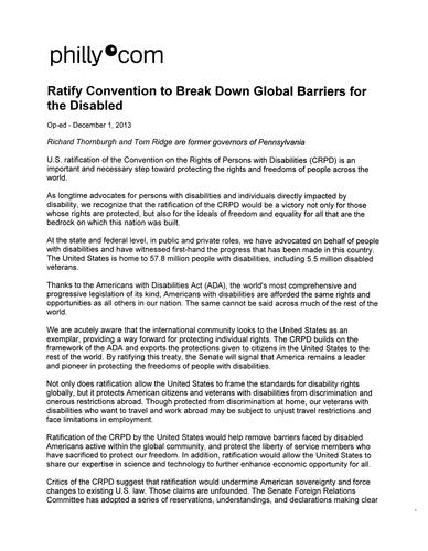 "Ratify Convention to Break Down Global Barriers for the Disabled," Philly.com