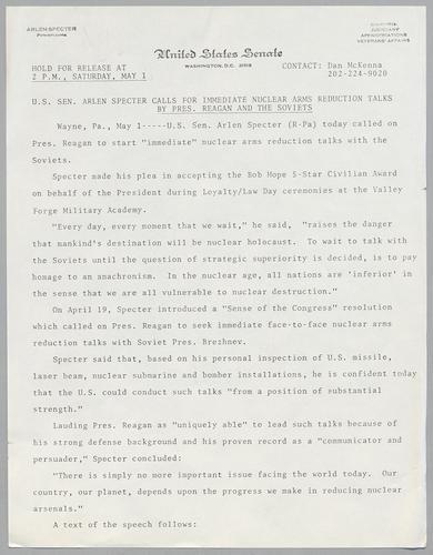 U.S. Senator Arlen Specter calls for immediate nuclear arms reduction talks by President Reagan and the Soviets
