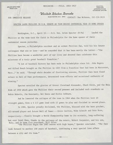 Specter lauds Phillies in U.S. Senate as team begins centennial year in home opener