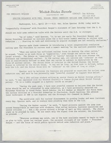 Specter disagrees with President Reagan: urges immediate nuclear arms reduction talks