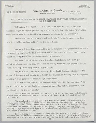 Specter urges President Reagan to support health care benefits and mortgage assistance for the unemployed