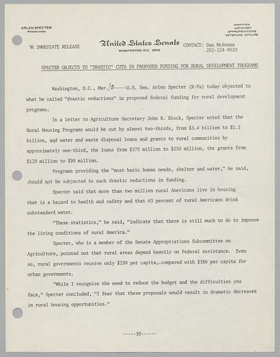 Specter objects to "drastic" cuts in proposed funding for rural development programs