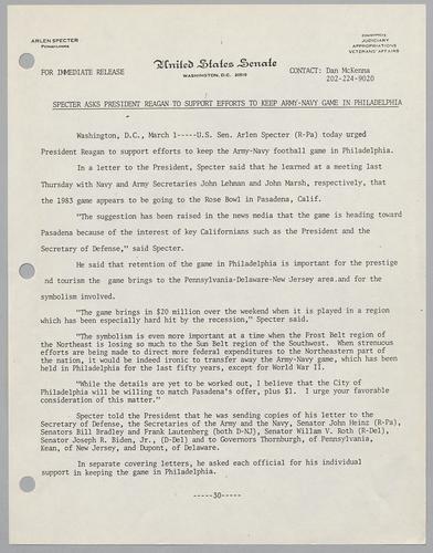 Specter asks President Reagan to support efforts to keep Army-Navy game in Philadelphia