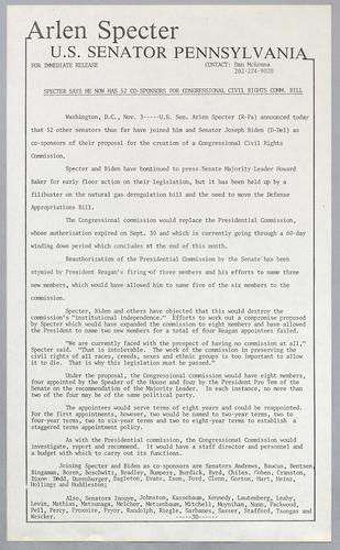 Specter says he now has 52 co-sponsors for congressional Civil Rights Commission bill