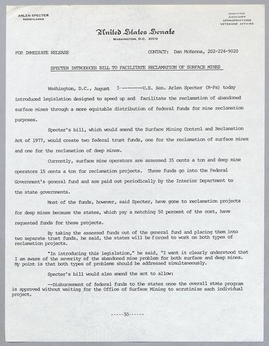 Specter introduces bill to facilitate reclamation of surface mines