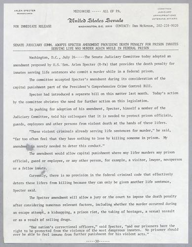 Senate Judiciary Committee adopts Specter amendment providing death penalty for prison inmates serving life who murder again while in federal prison