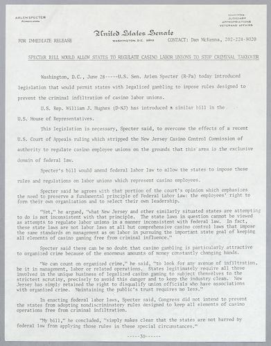 Specter bill would allow states to regulate casino labor unions to stop criminal takeover