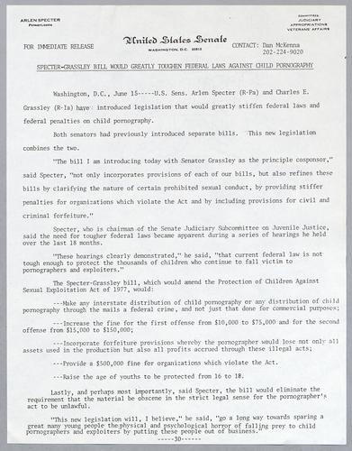 Specter-Grassley bill would greatly toughen federal laws against child pornography