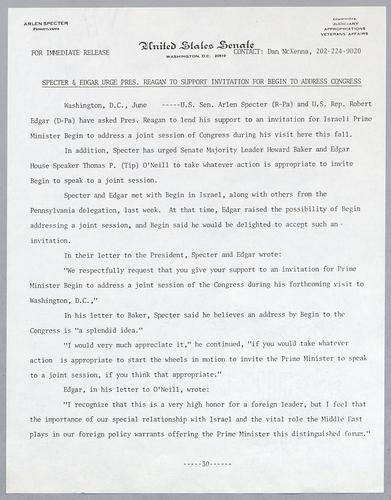 Specter and Edgar urge President Reagan to support invitation for Begin to address Congress