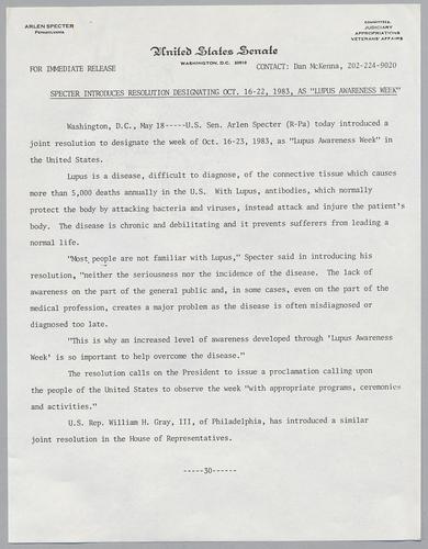 Specter introduces resolution designation October 16-22, 1983, as "Lupus Awareness Week,"