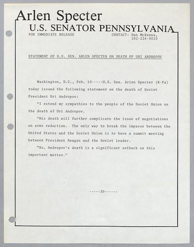 Statement of U.S. Senator Arlen Specter on death of Uri Andropov