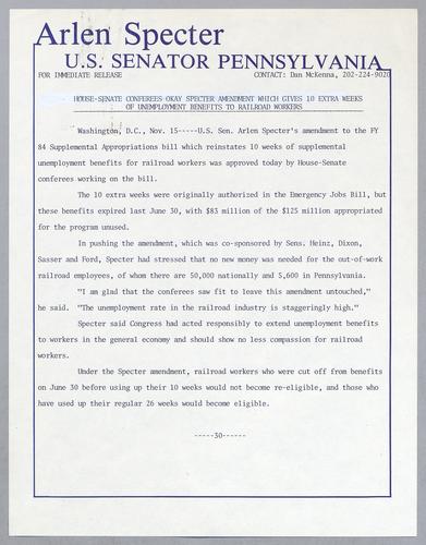 House-Senate conferees okay Specter amendment which gives 10 extra weeks of unemployment benefits to railroad workers