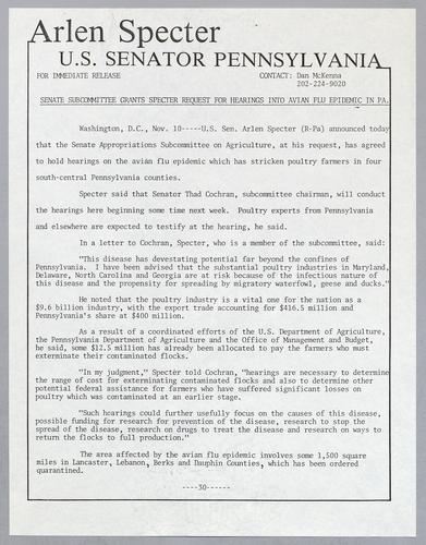 Senate subcommittee grants Specter request for hearings into avian flu epidemic in PA
