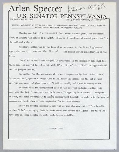 Specter amendment to fiscal year 1984 supplemental appropriations bills gives 10 extra weeks of unemployment benefits to railroad workers
