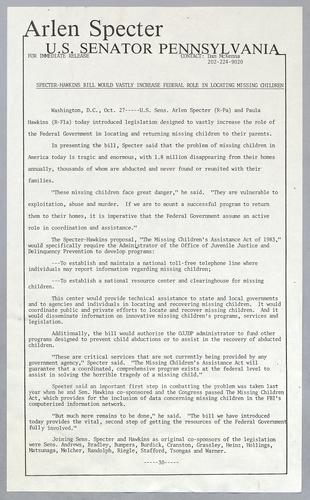 Specter-Hawkins bill would vastly increase federal role in locating missing children