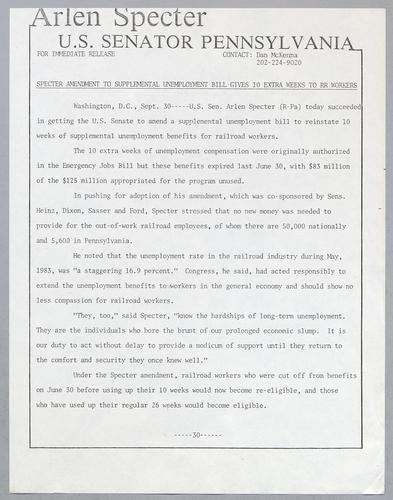 Specter amendment to supplemental unemployment bill gives 10 extra weeks to railroad workers