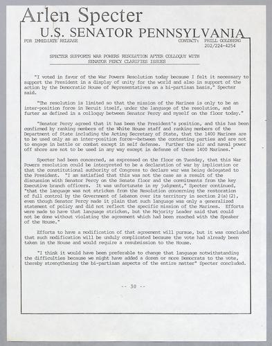 Specter supports war powers resolution after colloquy with Senator Percy clarifies issues