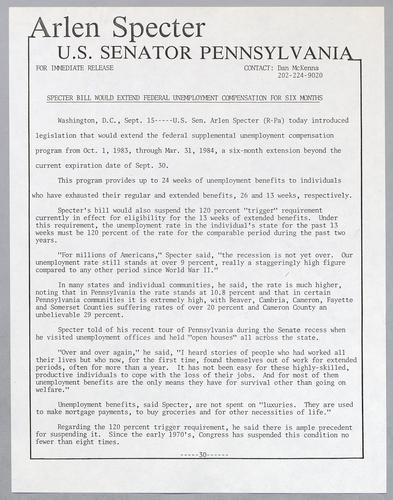 Specter bill would extend federal unemployment compensation for six months