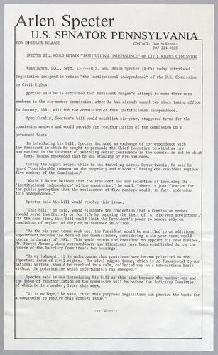 Specter bill would retain "institutional independence" of Civil Rights Commission