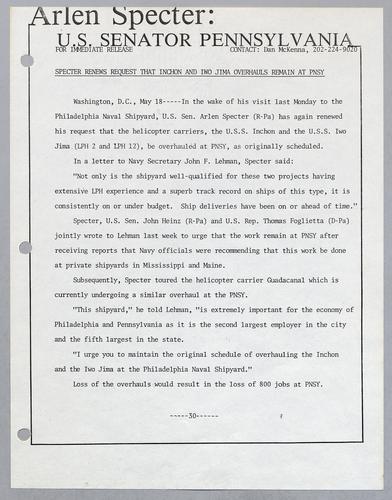 Specter renews request that Inchon and Iwo Jima overhauls remain at PSNY