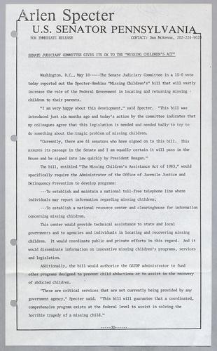 Senate Judiciary Committee gives its okay to the "Missing Children's Act,"