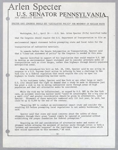 Specter says Congress should set "legislative policy" for movement of nuclear waste