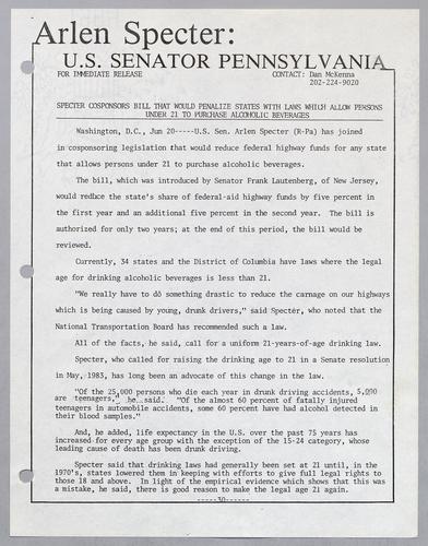 Specter cosponsors bill that would penalize states with laws which allow persons under 21 to purchase alcoholic beverages