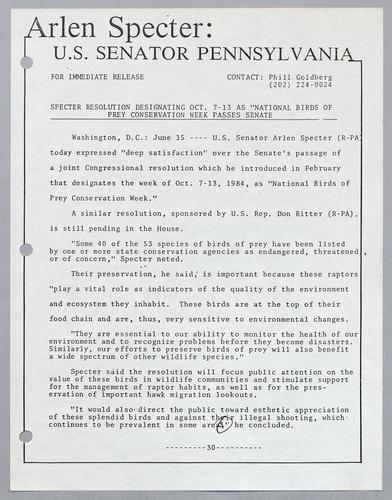 Specter resolution designating October 7-13 as "National Birds of Prey Conservation Week" passes Senate